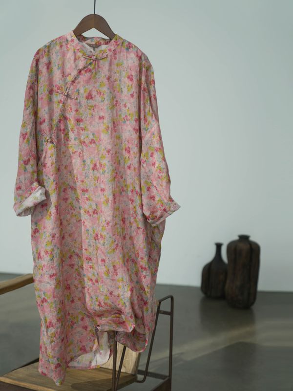 燕燕~苧麻 中式浪漫碎花繭型長旗袍 復古寬鬆清透長袍洋裝 連身裙  ab2506001 