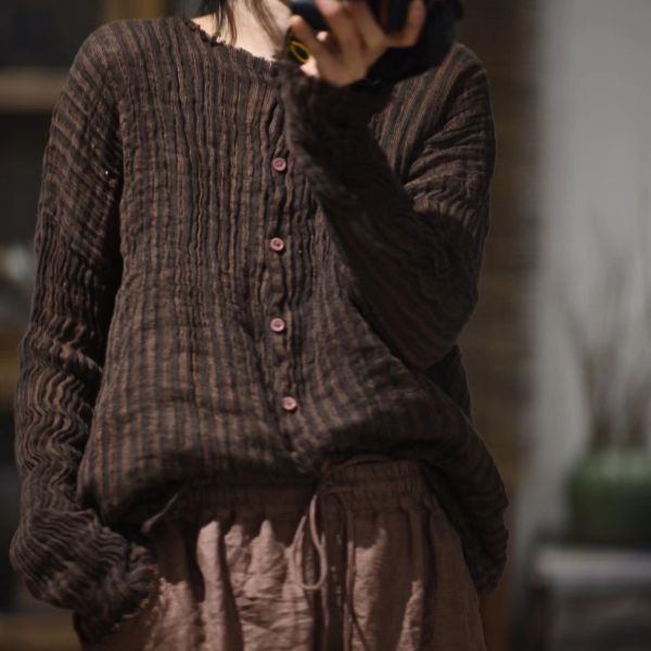 燕燕~亞麻~色織工藝條紋開襟衫襯衫 上衣 