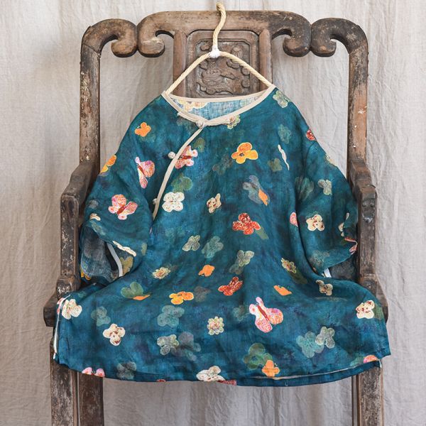 燕燕~ 亞麻  復古數碼印花上衣 斜襟盤扣中式短袖襯衫  