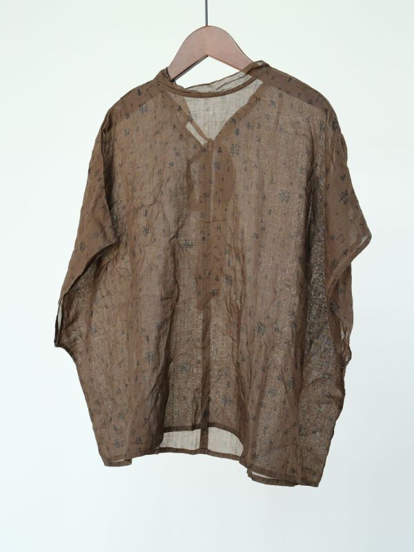 燕燕~中國風禪意文字印花高領蝙蝠袖襯衫 復古繭型繫帶上衣  ab2414301 