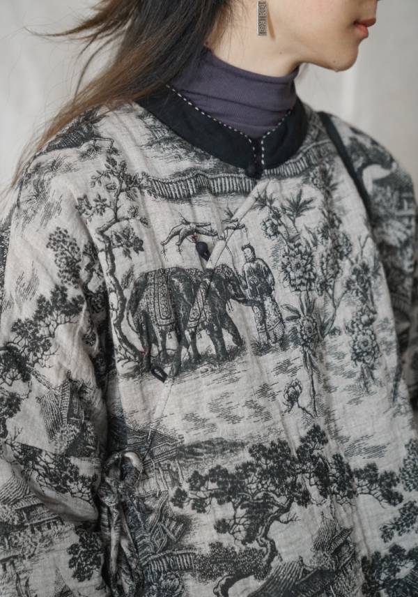 燕燕棉麻~復古雙層印花加厚斜襟棉衣上衣 新中式個性棉衣外套 ab2143601 