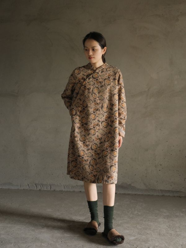 燕燕棉麻～秋冬款 復古新中式加厚印花中長旗袍 洋裝 連身裙  ab2322301 