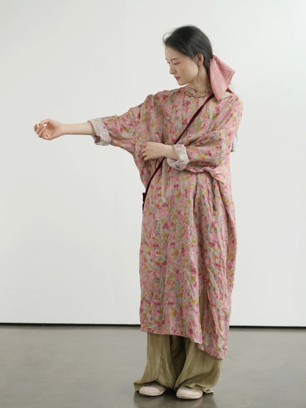 燕燕~苧麻 中式浪漫碎花繭型長旗袍 復古寬鬆清透長袍洋裝 連身裙  ab2506001 