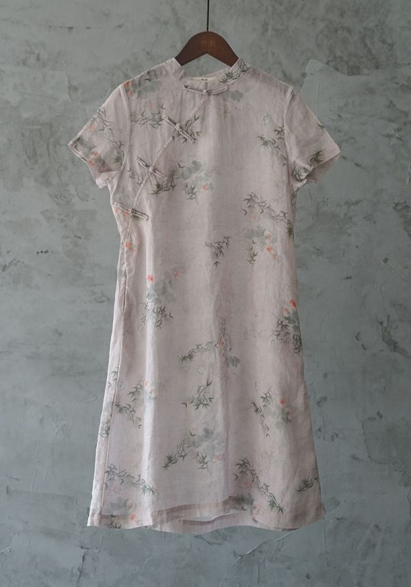 燕燕棉麻～苧麻 印花旗袍復古民國顯瘦百搭 洋裝 連身裙  ab21088-201 