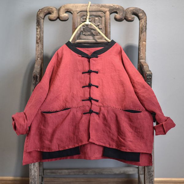 燕燕~棉麻商品~日系森林系~春秋款 亞麻材質 盤扣撞色做舊舒適外套 長袖棉麻衫 