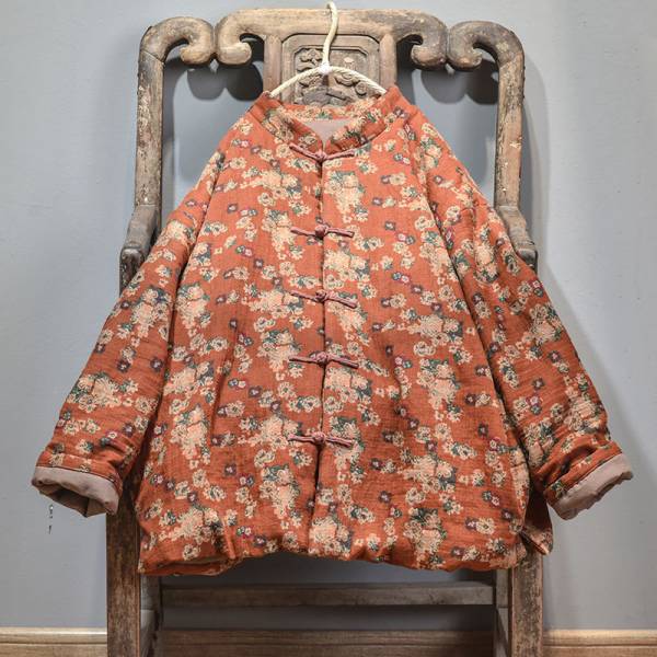 燕燕~棉麻商品~棉麻材質 立領便中式開衫棉服 復古印花保暖棉衣外套 