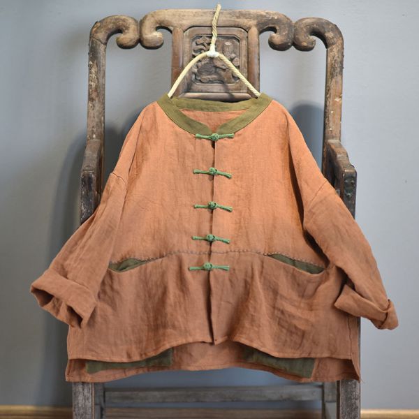 燕燕~棉麻商品~日系森林系~春秋款 亞麻材質 盤扣撞色做舊舒適外套 長袖棉麻衫 