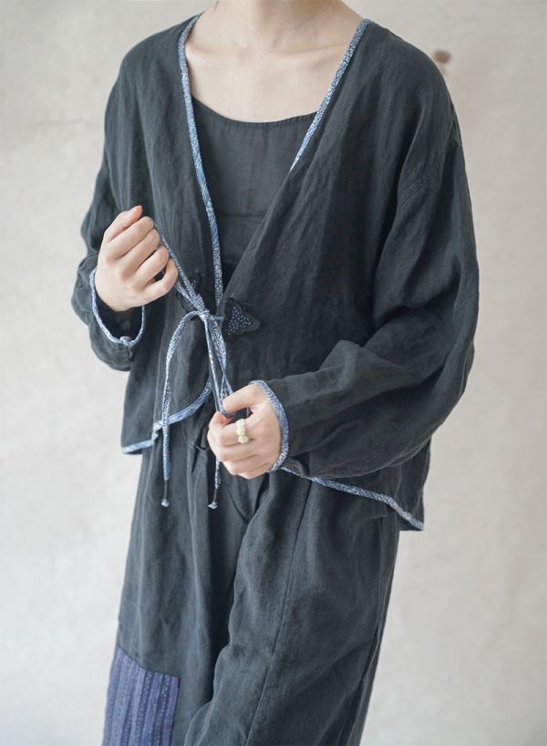 燕燕~(寬鬆版型）亞麻 復古文藝寬鬆水洗做舊繫帶V領開衫 外套  ab2124301 