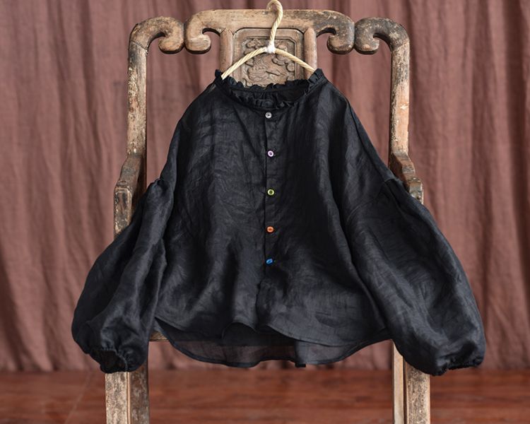 燕燕~棉麻商品~春夏款 輕薄透苧麻 燈籠袖荷葉圓領襯衫 長袖棉麻衫 