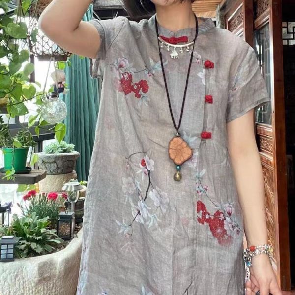 燕燕～純苧麻 文藝復古印花手工盤扣寬鬆 洋裝 連身裙  ab185901 