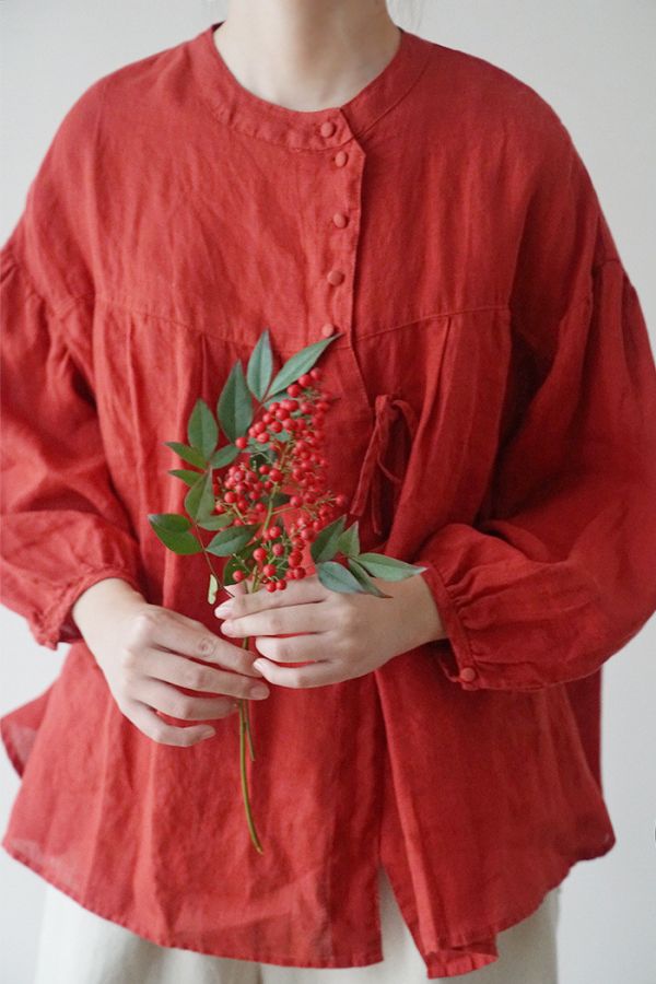 燕燕~亞麻~春夏文藝斜襟減齡繫帶襯衫復古寬鬆顯瘦上衣.  ab1925001 