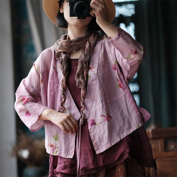 燕燕~棉麻新品~秋季新款 純苧麻拼布繫帶開襟衫外套上衣 長袖棉麻衫 ab208301 