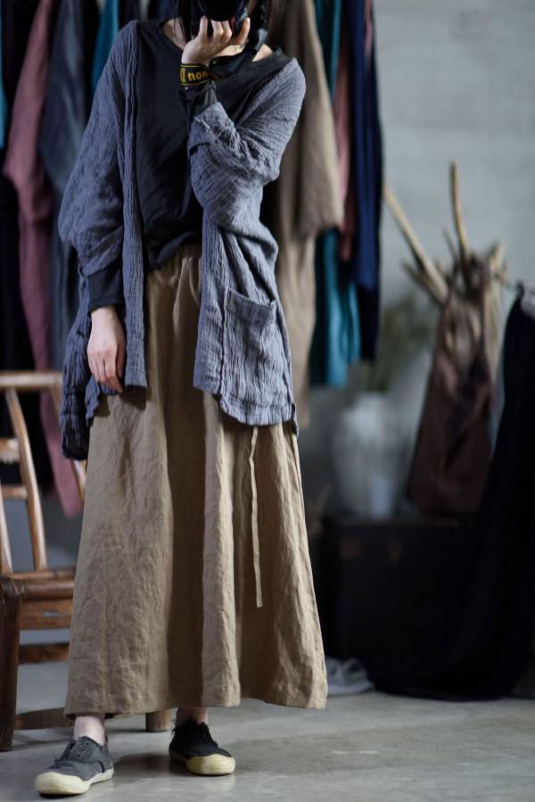 燕燕~棉麻商品~亞麻材質 水洗做舊口袋線跡鬆緊帶繫帶長裙 
