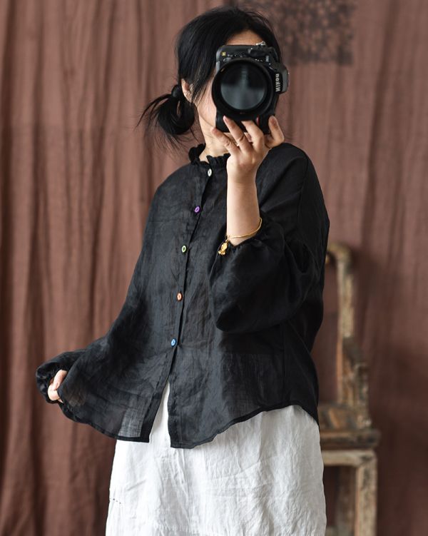 燕燕~棉麻商品~春夏款 輕薄透苧麻 燈籠袖荷葉圓領襯衫 長袖棉麻衫 