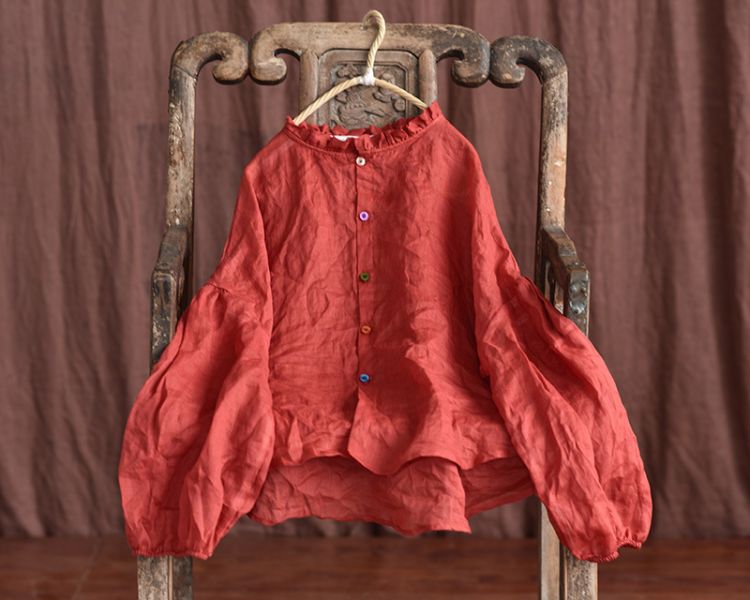 燕燕~棉麻商品~春夏款 輕薄透苧麻 燈籠袖荷葉圓領襯衫 長袖棉麻衫 