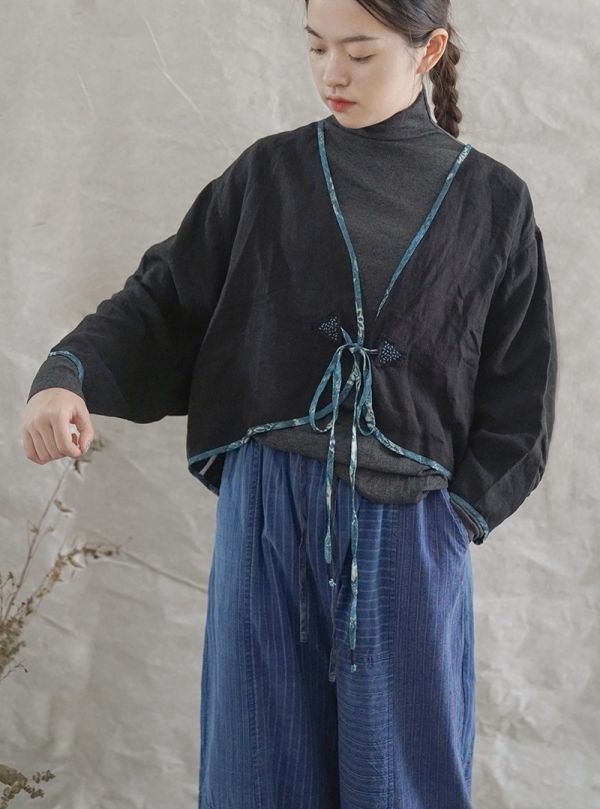 燕燕~(寬鬆版型）亞麻 復古文藝寬鬆水洗做舊繫帶V領開衫 外套  ab2124301 