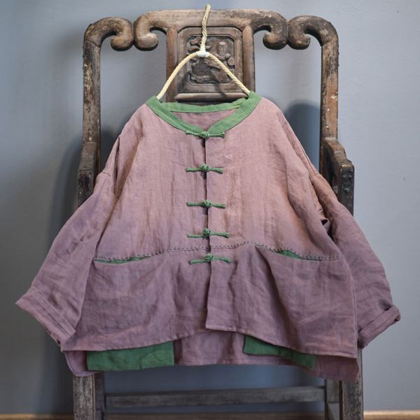 燕燕~棉麻商品~日系森林系~春秋款 亞麻材質 盤扣撞色做舊舒適外套 長袖棉麻衫 