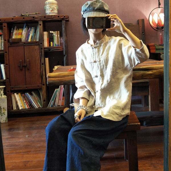 燕燕～純亞麻 砂洗純色文藝復古對襟襯衫上衣 薄外套 ab131101 