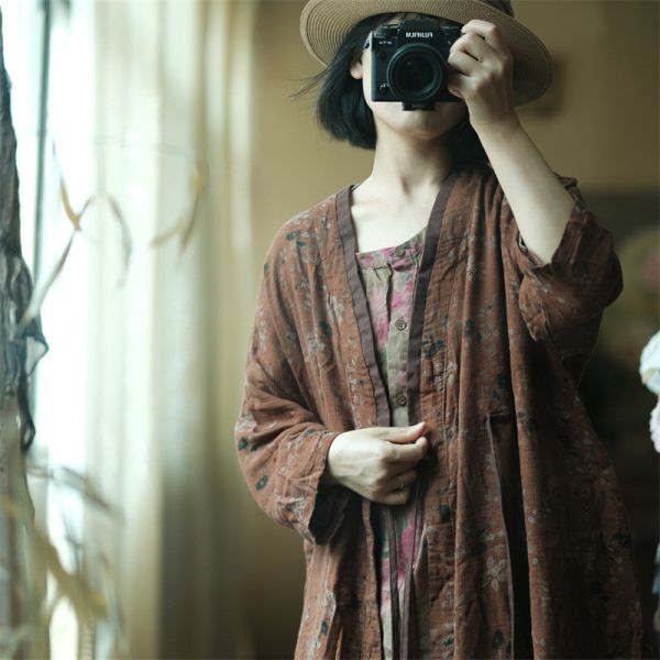 燕燕～夏季新。做舊感棉紗 寬鬆繫帶開衫外披上衣 長外套. ab206501 