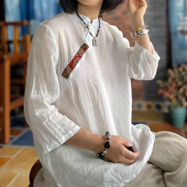 燕燕~純苧麻~水洗貼花布盤扣小衫  上衣。棉麻衫。 ab152501 