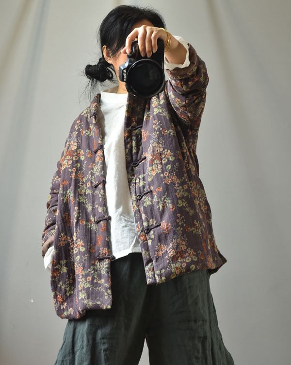 燕燕~棉麻商品~棉麻材質 立領便中式開衫棉服 復古印花保暖棉衣外套 