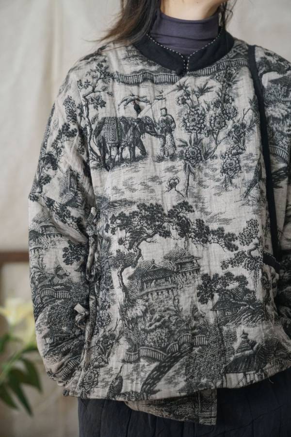 燕燕棉麻~復古雙層印花加厚斜襟棉衣上衣 新中式個性棉衣外套 ab2143601 