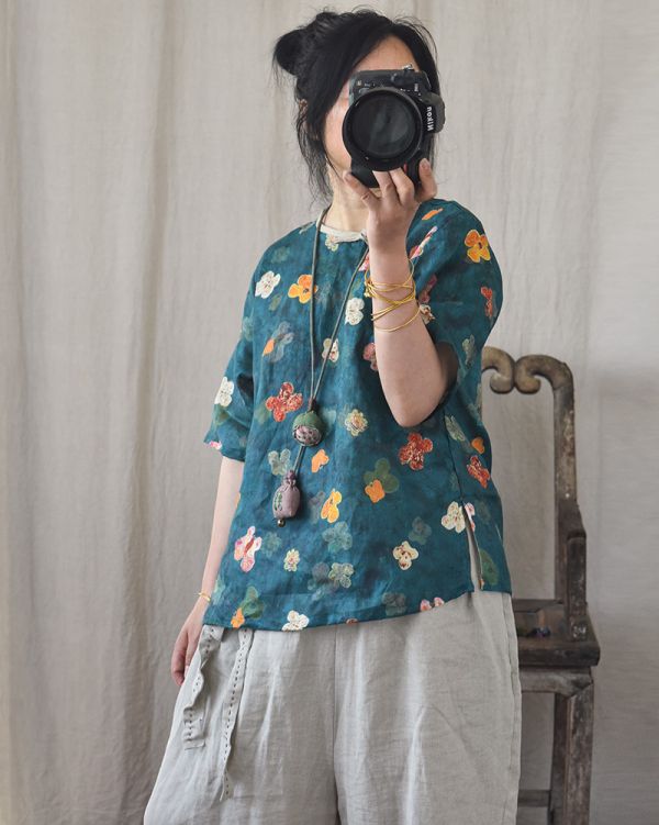燕燕~ 亞麻  復古數碼印花上衣 斜襟盤扣中式短袖襯衫  