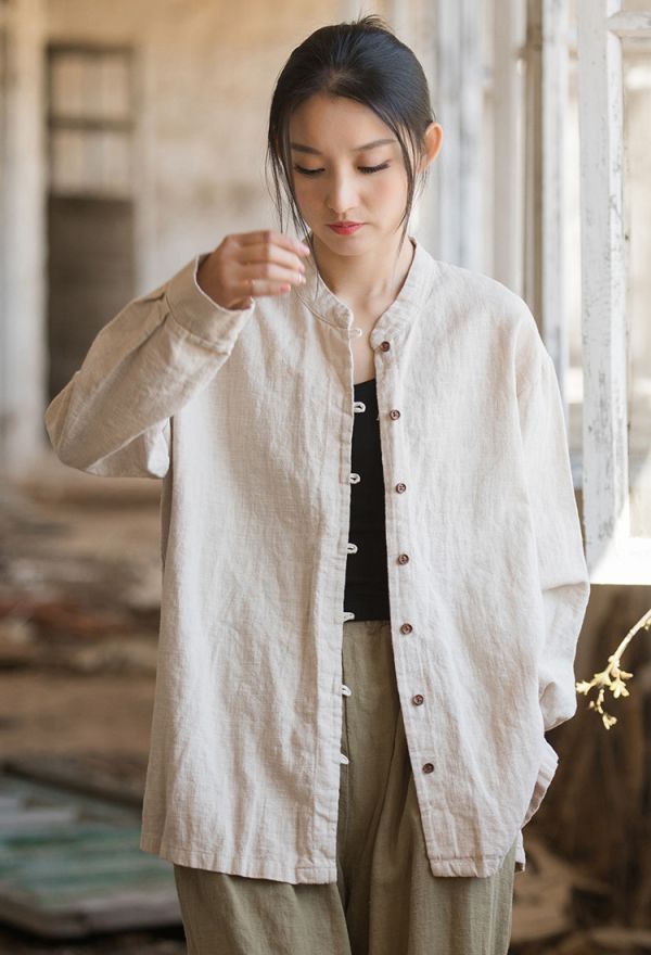 燕燕. 夏季棉麻新款 苧麻棉砂洗文藝個性立領長袖襯衫 上衣   長袖棉麻衫 