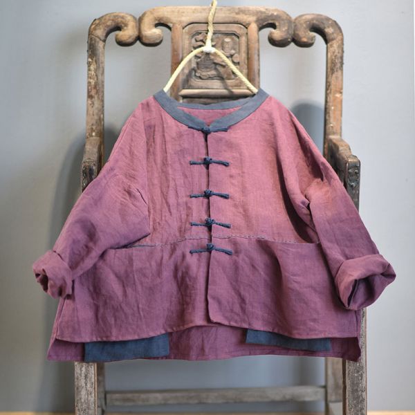 燕燕~棉麻商品~日系森林系~春秋款 亞麻材質 盤扣撞色做舊舒適外套 長袖棉麻衫 