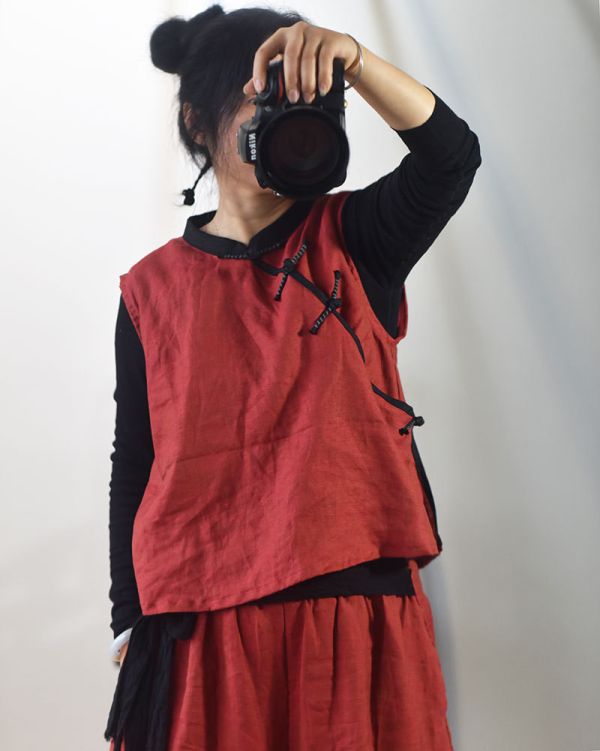 燕燕~亞麻 中式偏襟手工盤扣復古文藝無袖背心 