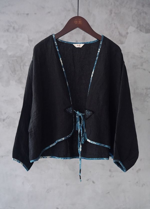 燕燕~(寬鬆版型）亞麻 復古文藝寬鬆水洗做舊繫帶V領開衫 外套  ab2124301 