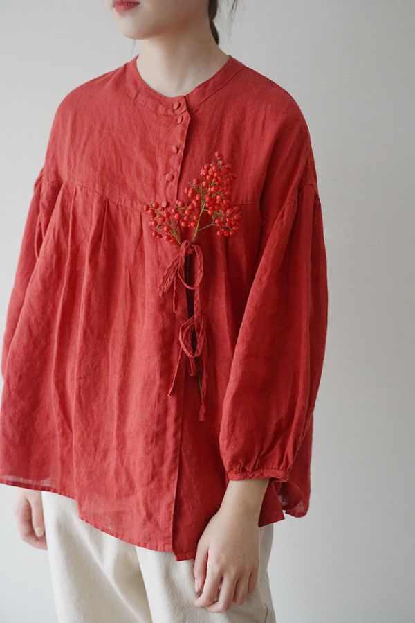 燕燕~亞麻~春夏文藝斜襟減齡繫帶襯衫復古寬鬆顯瘦上衣.  ab1925001 