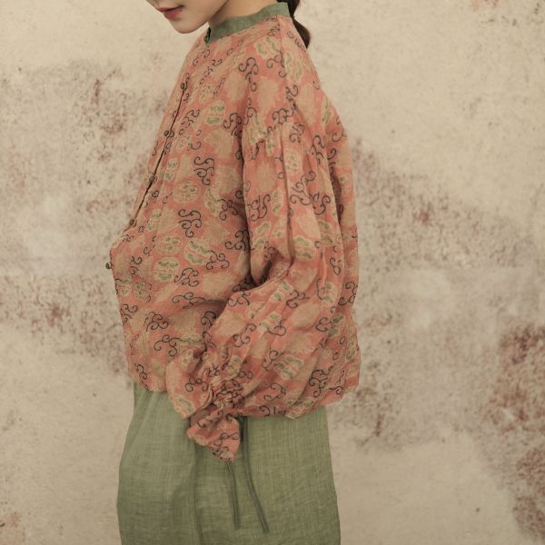 燕燕棉麻～苧麻 撞色寬鬆襯衫 喇叭袖開衫襯衫  上衣 ab2307401 