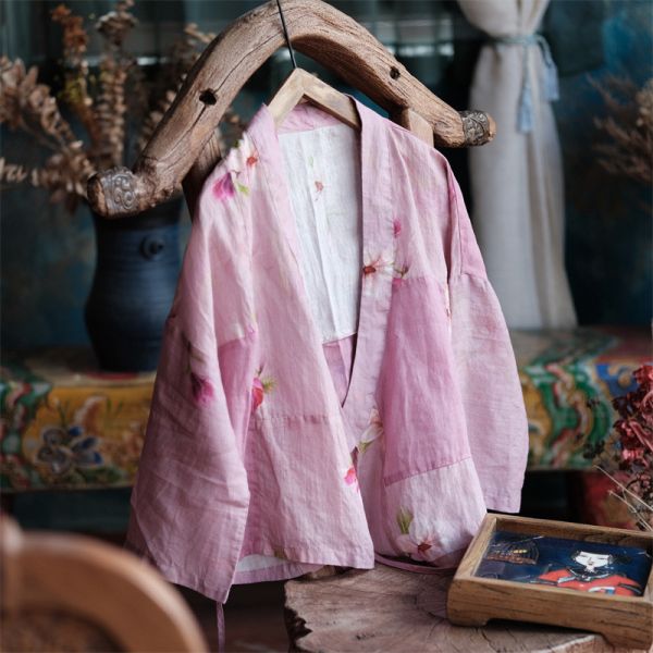 燕燕~棉麻新品~秋季新款 純苧麻拼布繫帶開襟衫外套上衣 長袖棉麻衫 ab208301 