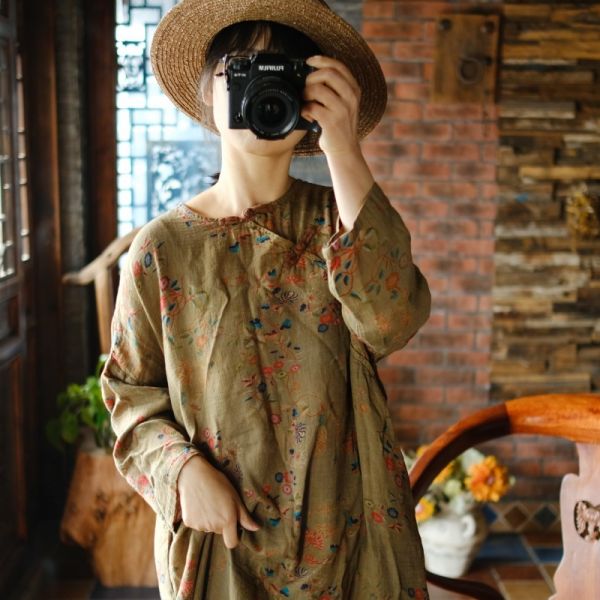 燕燕~春季新款. 雙層棉紗 寬鬆盤扣斜襟花袍洋裝 連身裙 