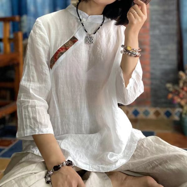 燕燕~純苧麻~水洗貼花布盤扣小衫  上衣。棉麻衫。 ab152501 