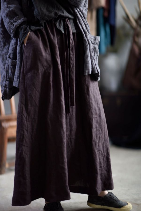 燕燕~棉麻商品~亞麻材質 水洗做舊口袋線跡鬆緊帶繫帶長裙 