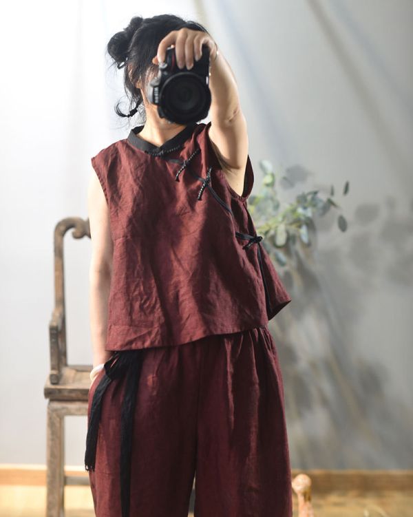 燕燕~亞麻 中式偏襟手工盤扣復古文藝無袖背心 