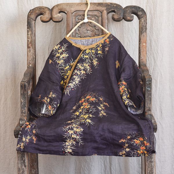 燕燕~ 亞麻  復古數碼印花上衣 斜襟盤扣中式短袖襯衫  