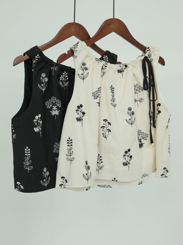 燕燕棉麻～精梳棉繡花  田園生活寬鬆繫帶背心吊帶上衣   ab2318301 