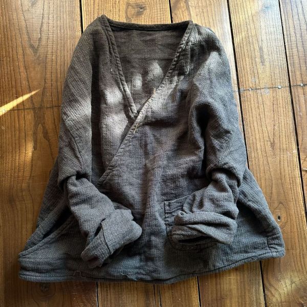 燕燕~春季新款 亞麻  百搭休閒文藝肌理色織慵懶V領套頭小衫 上衣 襯衫 外套 長袖棉麻衫 