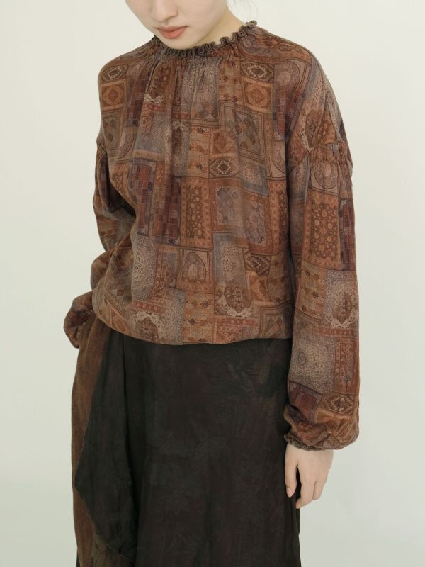 燕燕～早秋款 復古雙層紗印花鬆緊領襯衫 上衣  ab2321001 