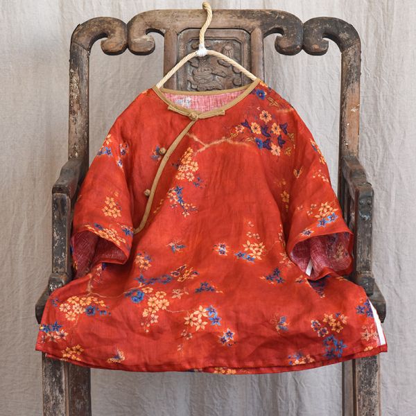 燕燕~ 亞麻  復古數碼印花上衣 斜襟盤扣中式短袖襯衫  