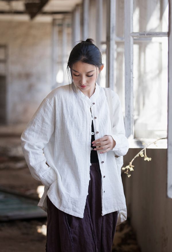燕燕. 夏季棉麻新款 苧麻棉砂洗文藝個性立領長袖襯衫 上衣   長袖棉麻衫 