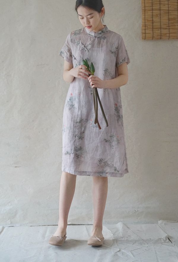 燕燕棉麻～苧麻 印花旗袍復古民國顯瘦百搭 洋裝 連身裙  ab21088-201 