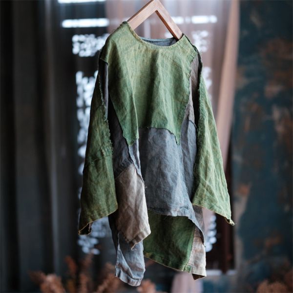 燕燕~秋季新款 純麻  毛邊圓領開叉寬鬆拼接麻衫 上衣 長袖棉麻衫  ab208901 