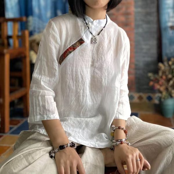 燕燕~純苧麻~水洗貼花布盤扣小衫  上衣。棉麻衫。 ab152501 