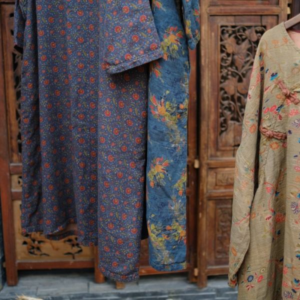 燕燕~春季新款. 雙層棉紗 寬鬆盤扣斜襟花袍洋裝 連身裙 