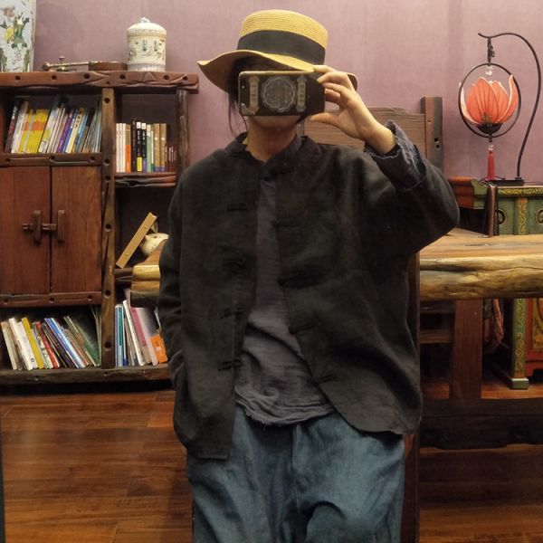 燕燕～純亞麻 砂洗純色文藝復古對襟襯衫上衣 薄外套 ab131101 