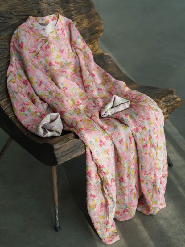 燕燕~苧麻 中式浪漫碎花繭型長旗袍 復古寬鬆清透長袍洋裝 連身裙  ab2506001 